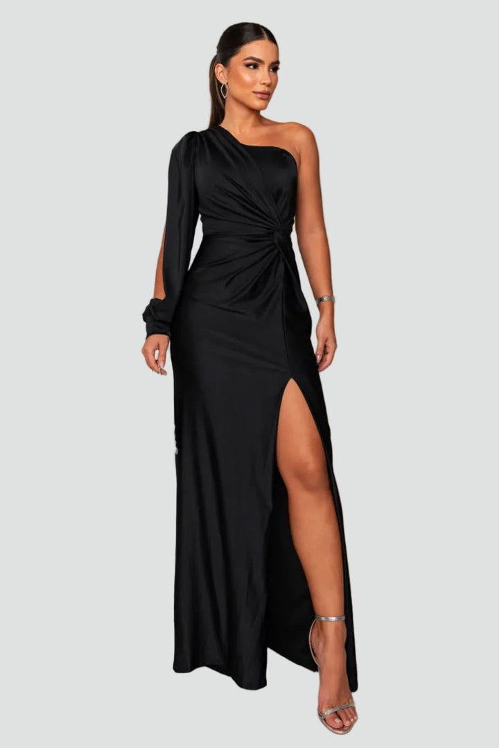 Women's one-shoulder maxi gala dress with slit and draping