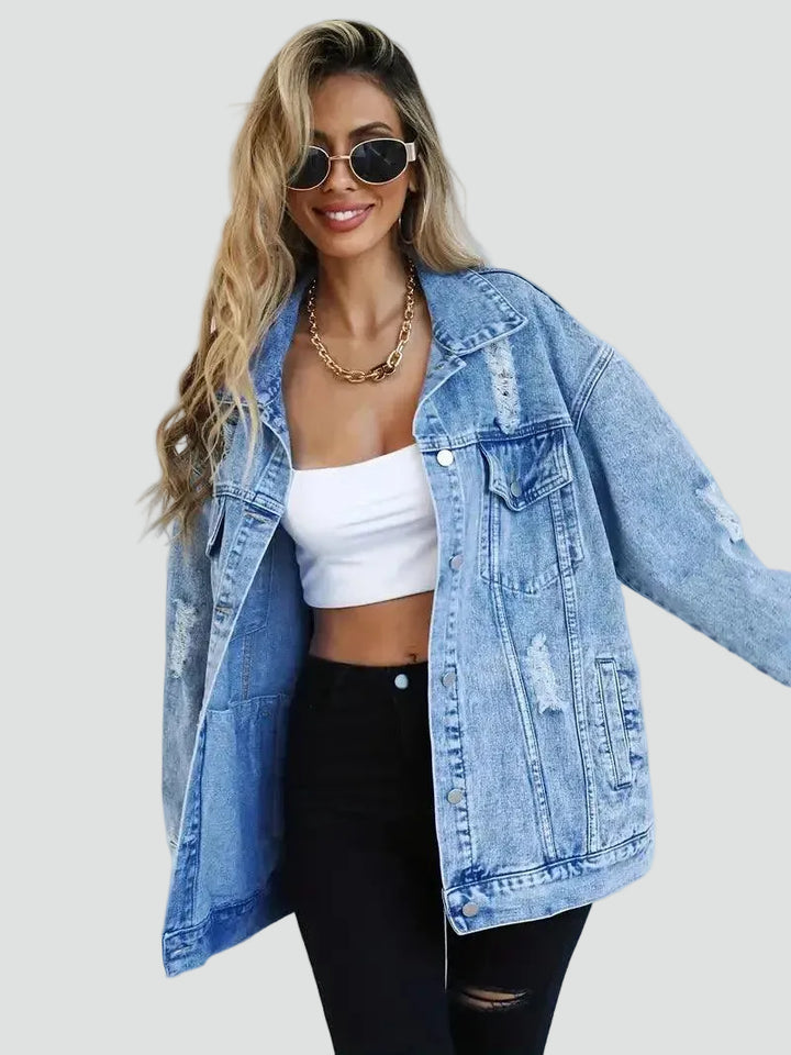 Oversized women's denim jacket with distressing for everyday wear