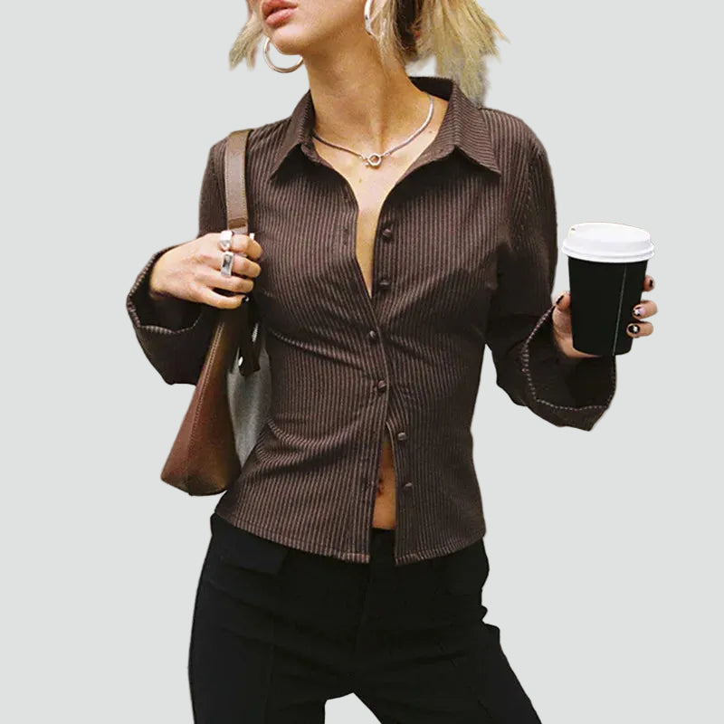 Fitted ribbed women's shirt with buttons and long sleeves