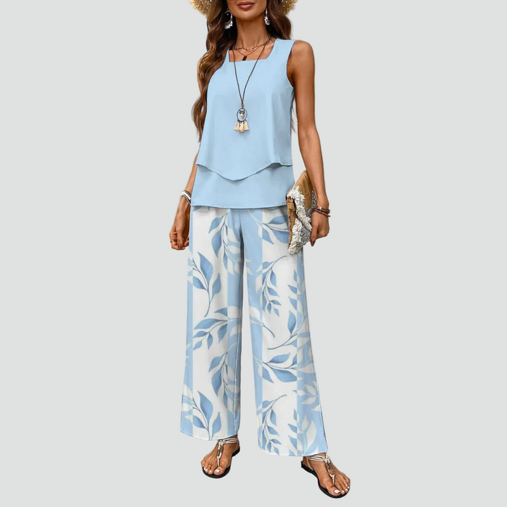 Letni damski komplet z topem i szerokimi spodniami