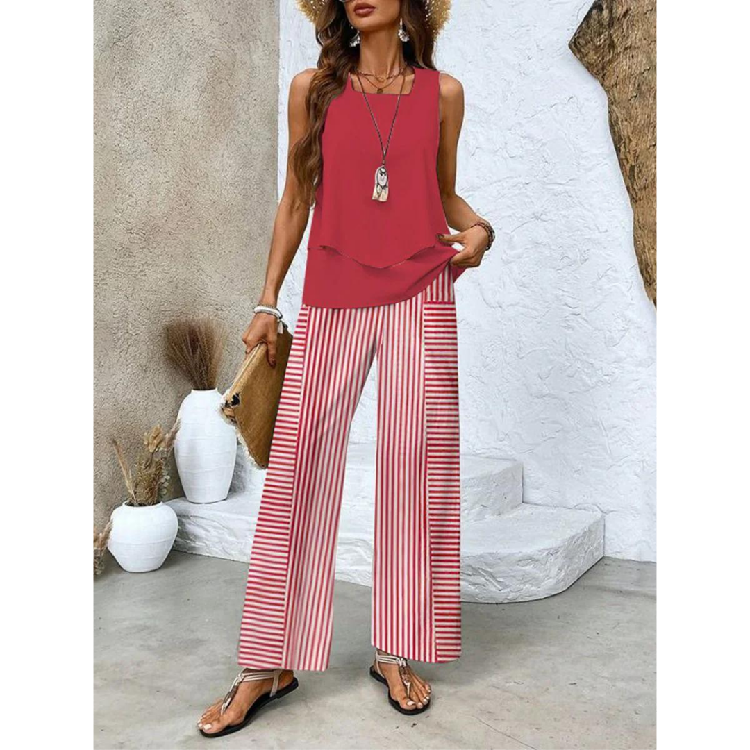 Letni damski komplet z topem i szerokimi spodniami