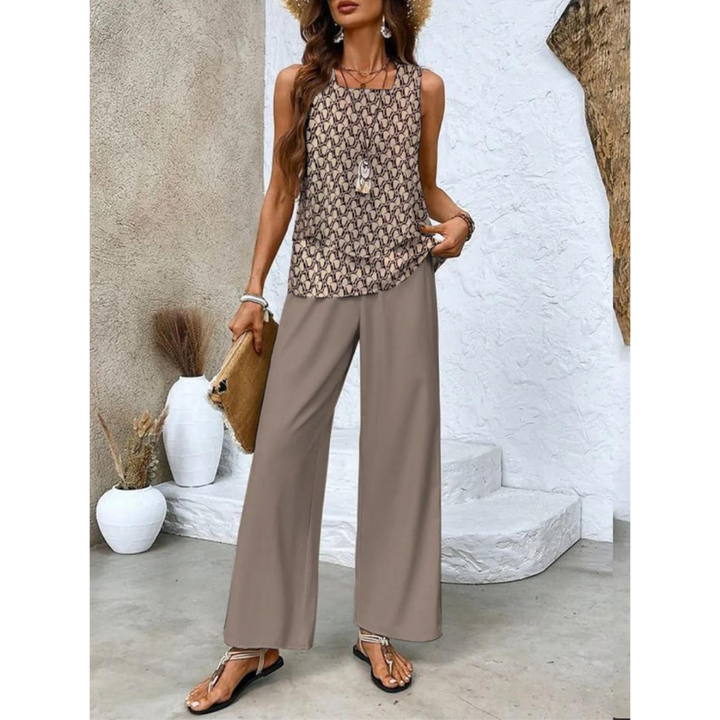 Letni damski komplet z topem i szerokimi spodniami