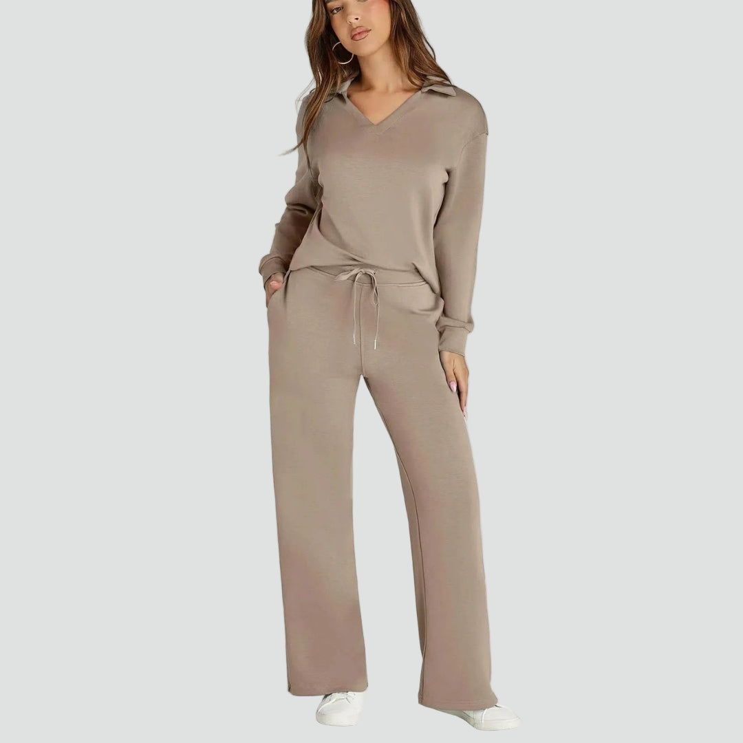 Zestaw homewear damski z kołnierzykiem i szerokimi spodniami