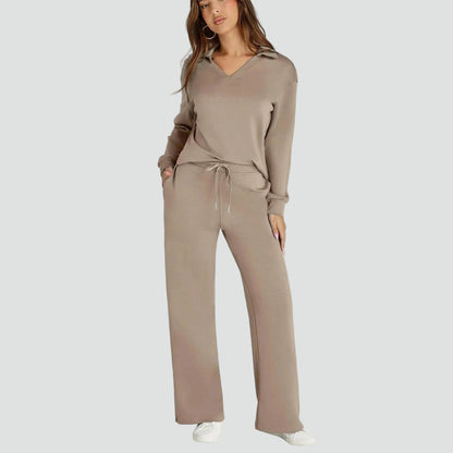 Zestaw homewear damski z kołnierzykiem i szerokimi spodniami