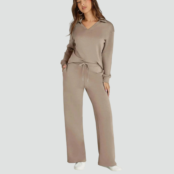 Zestaw homewear damski z kołnierzykiem i szerokimi spodniami