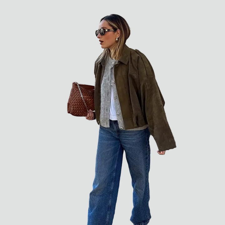 Women's oversized suede bomber jacket with zipper for everyday wear
