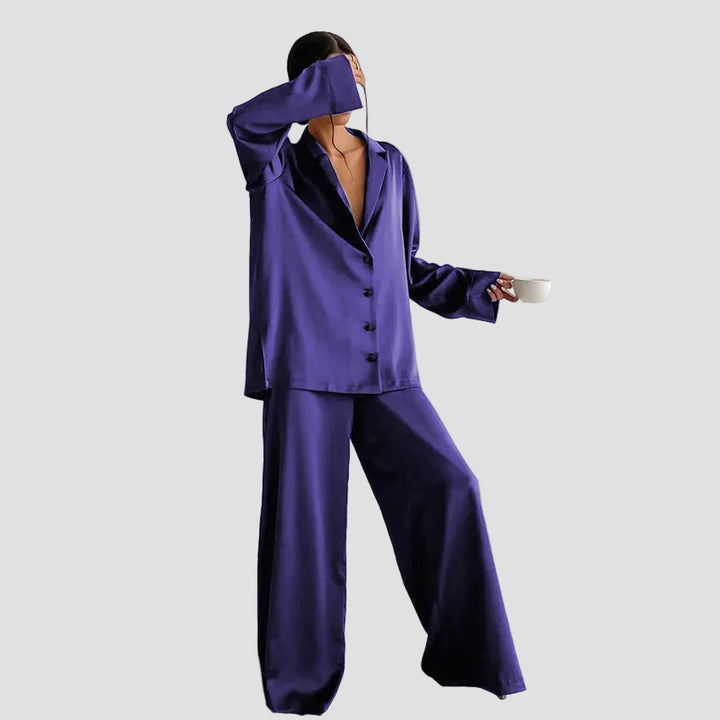 Women's satin-look pajama set with button-up shirt and pants