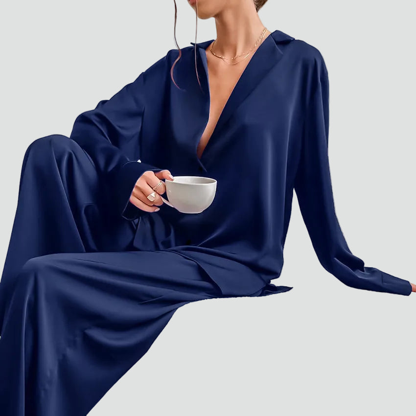 Women's satin-look pajama set with button-up shirt and pants