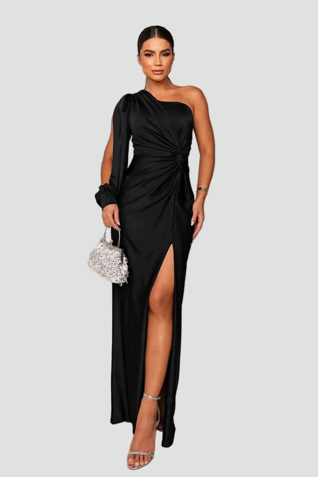 Women's one-shoulder maxi gala dress with slit and draping
