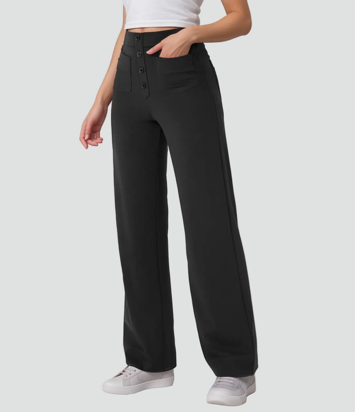 Damskie spodnie z wysokim stanem zapinane na guziki