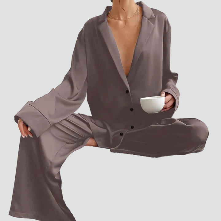 Women's satin-look pajama set with button-up shirt and pants