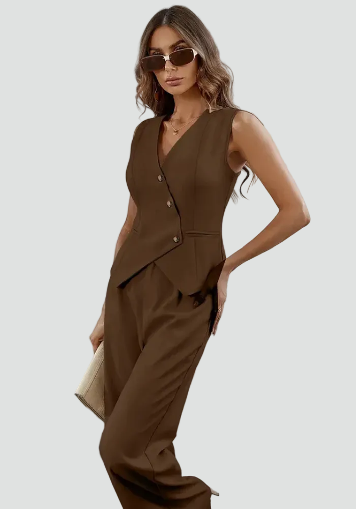 Klasyczny garnitur damski dwuczęściowy bez rękawów z kamizelką