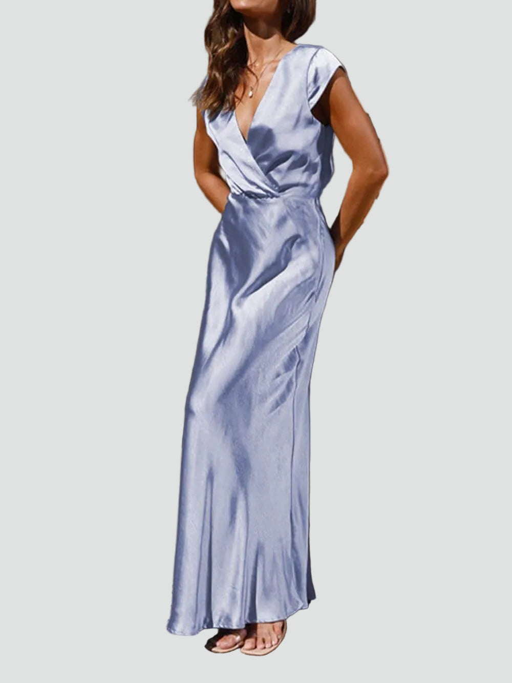 Robe longue satinée pour femme, soirée, cérémonie, décolleté en V, gala