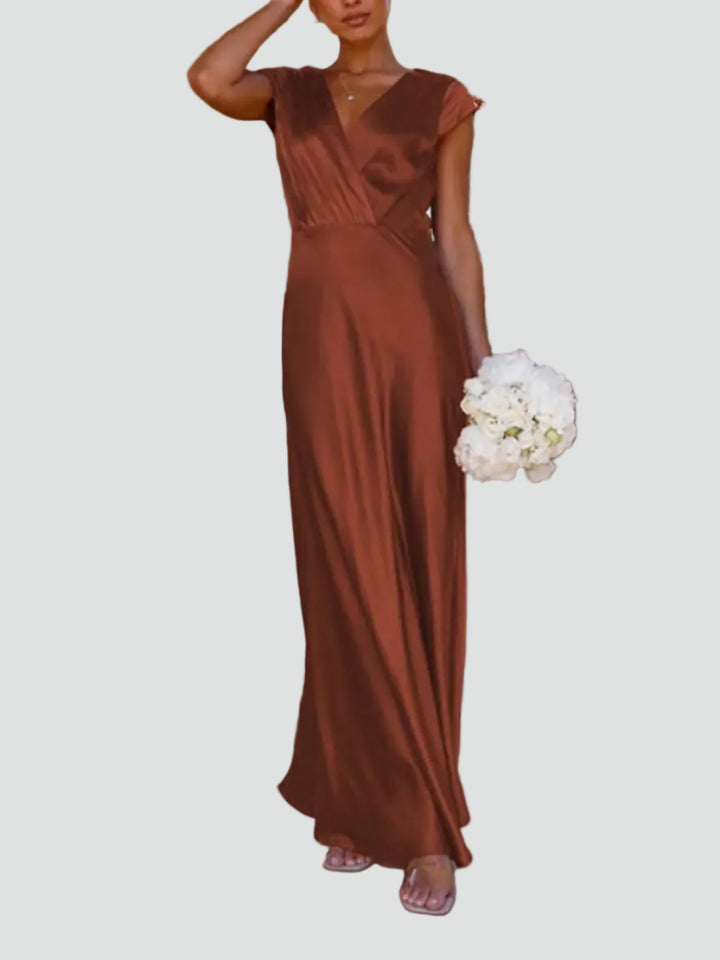 Robe longue satinée pour femme, soirée, cérémonie, décolleté en V, gala