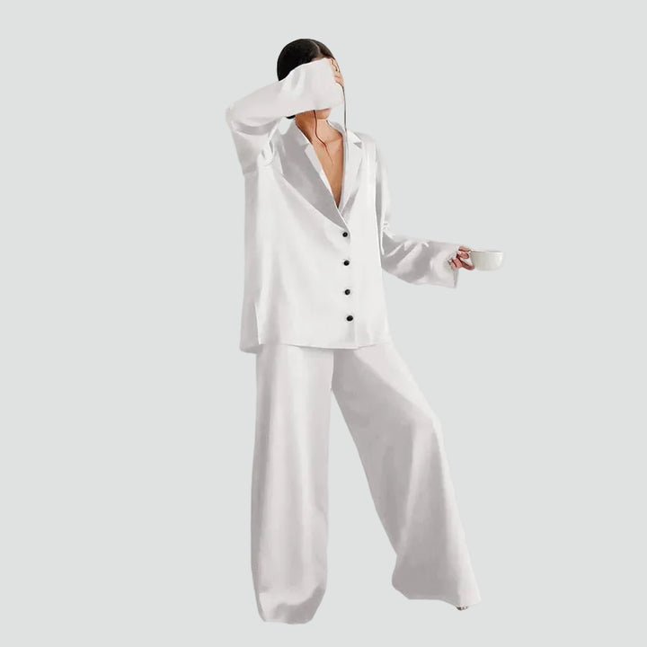 Women's satin-look pajama set with button-up shirt and pants
