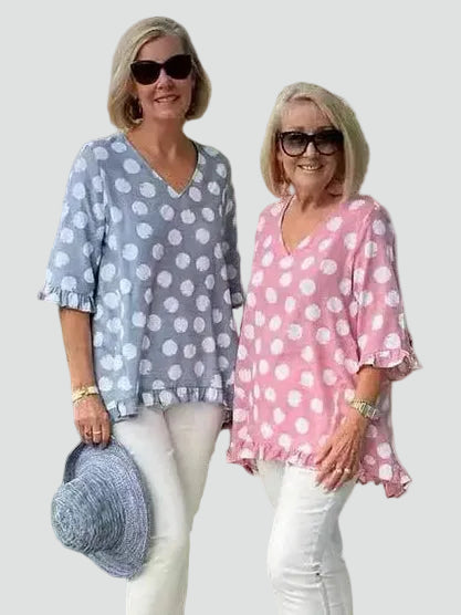 Women's loose polka dot tunic with V-neck for summer