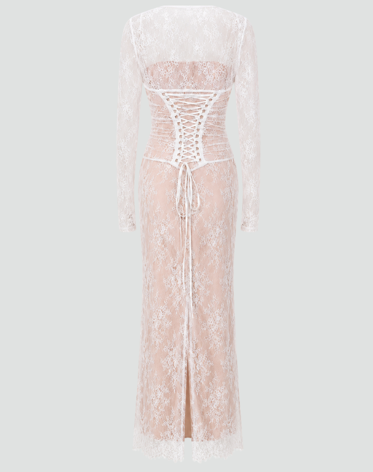 Elegant women's maxi gala lace dress with tie