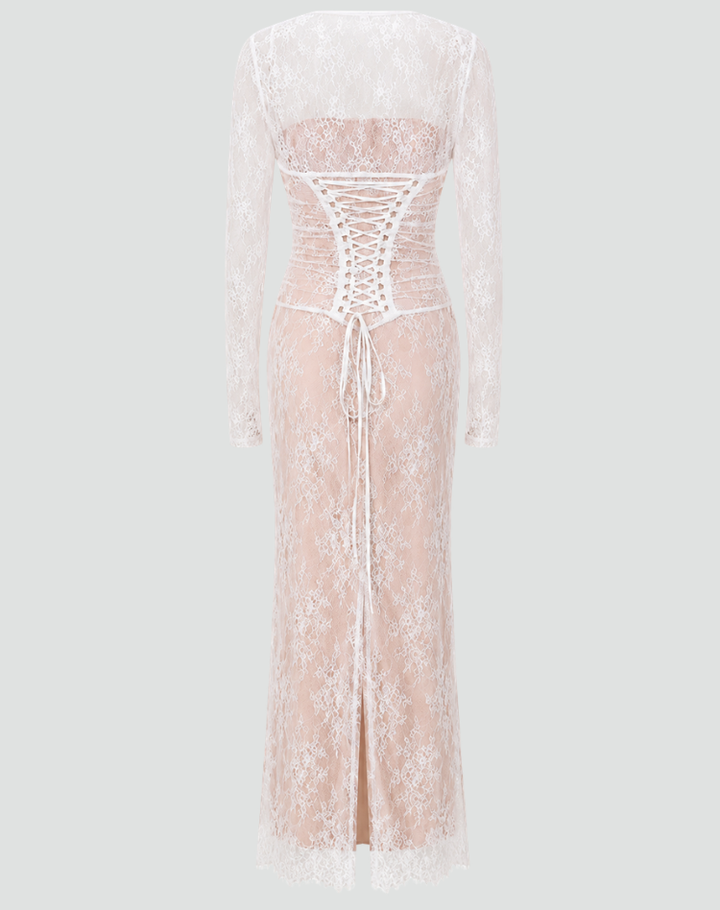Elegant women's maxi gala lace dress with tie