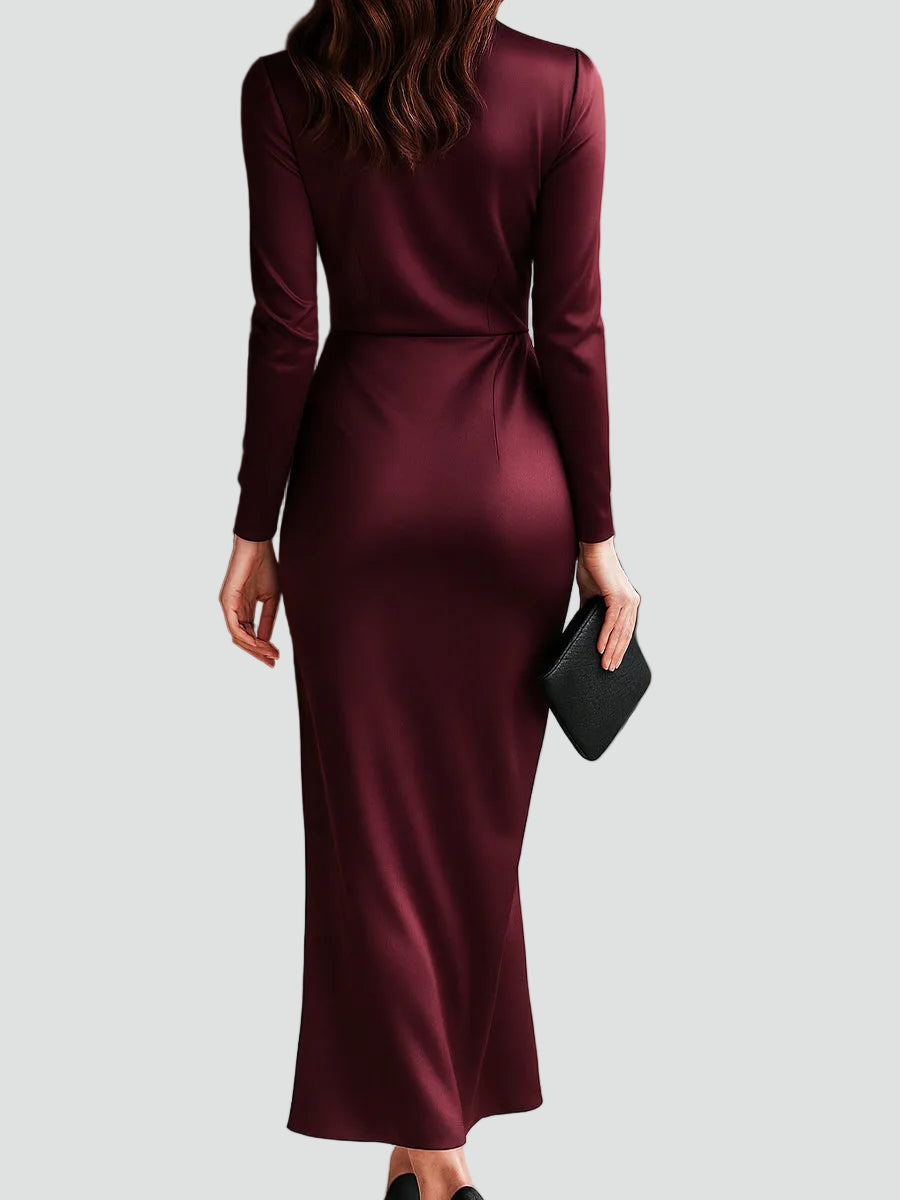 Kopertowa sukienka midi koktajlowa o satynowym wyglądzie z paskiem