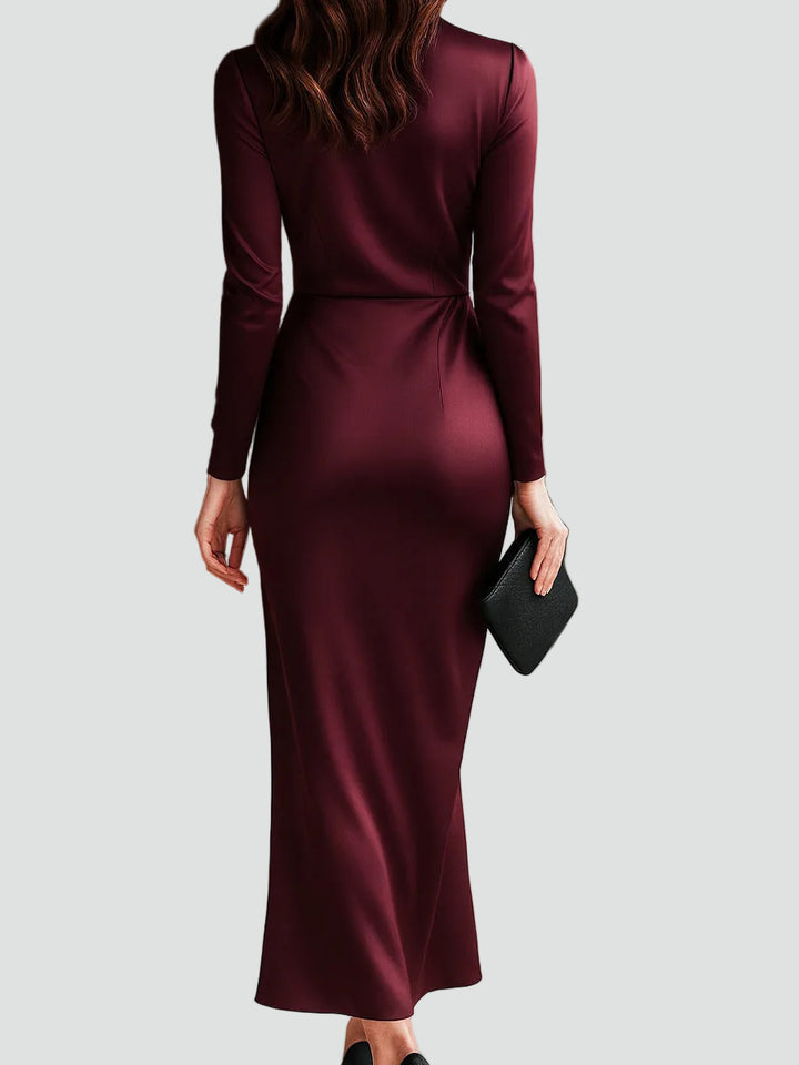 Kopertowa sukienka midi koktajlowa o satynowym wyglądzie z paskiem