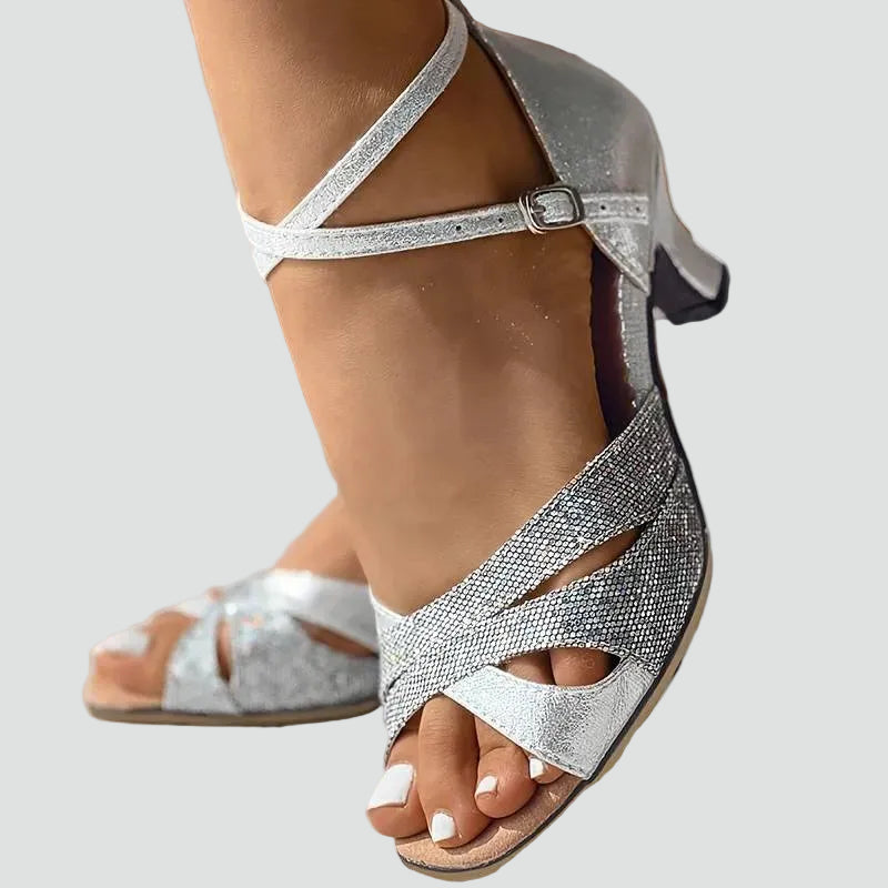 Elegant heeled sandals with rhinestones and ankle strap