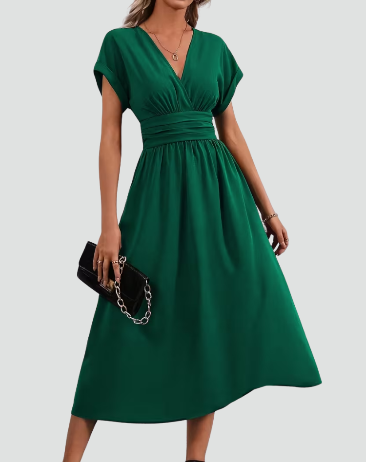 Green Midi Dress with a V-Neckline and Ruched Waist
