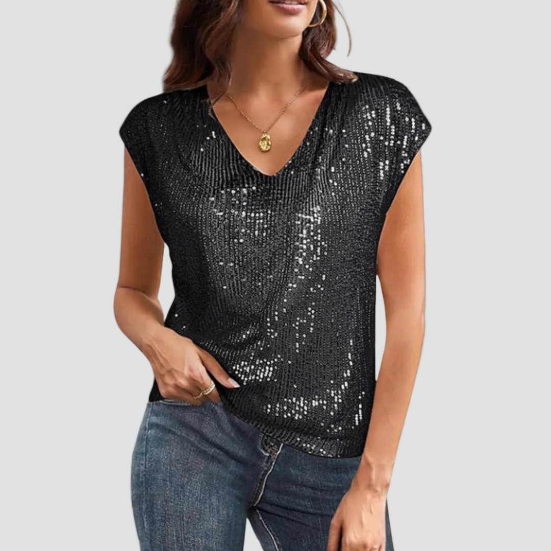 Evening sequin blouse with V-neck and short sleeves