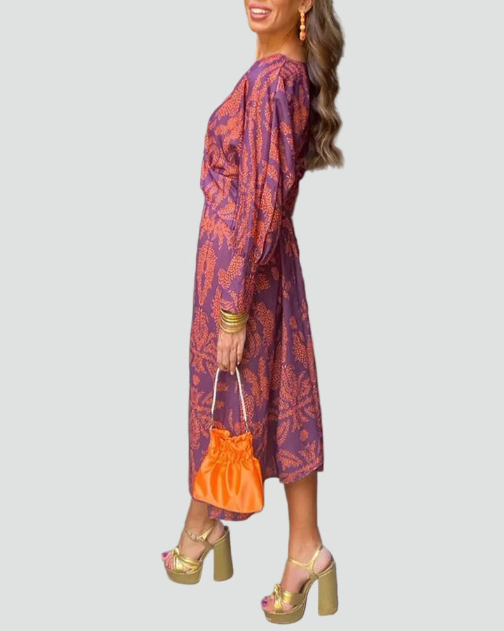 Damska sukienka midi koktajlowa kopertowa z długim rękawem