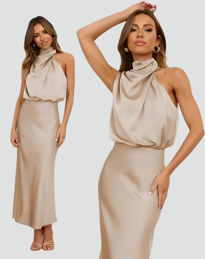 Midi-jurk met halter en satijnen afwerking voor een bruiloft