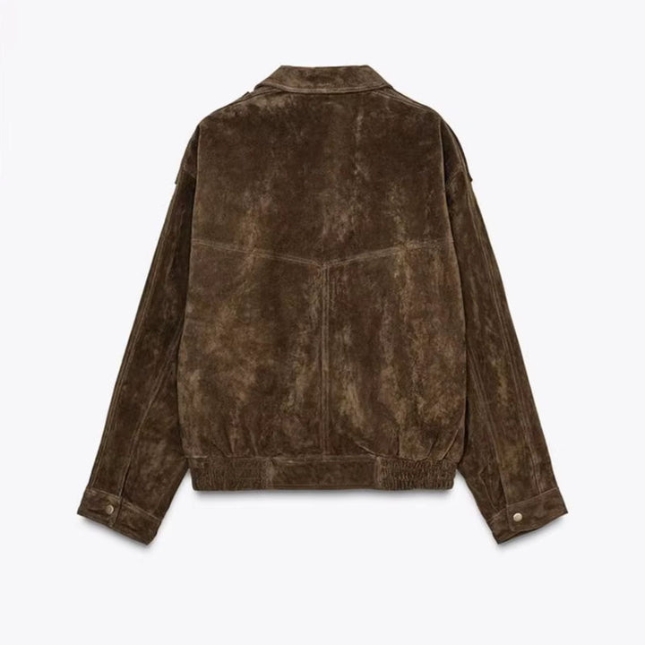 Women's oversized suede bomber jacket with zipper for everyday wear