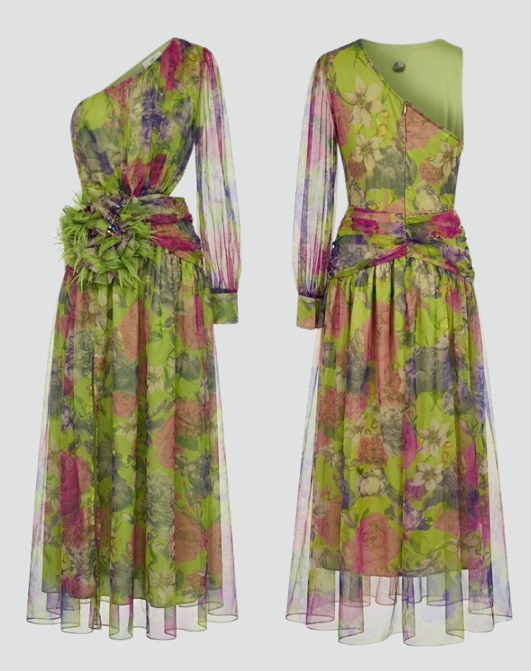 Purple one-shoulder maxi dress with floral print