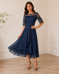 Women's midi gala lace dress with 3/4 sleeve and tulle hem