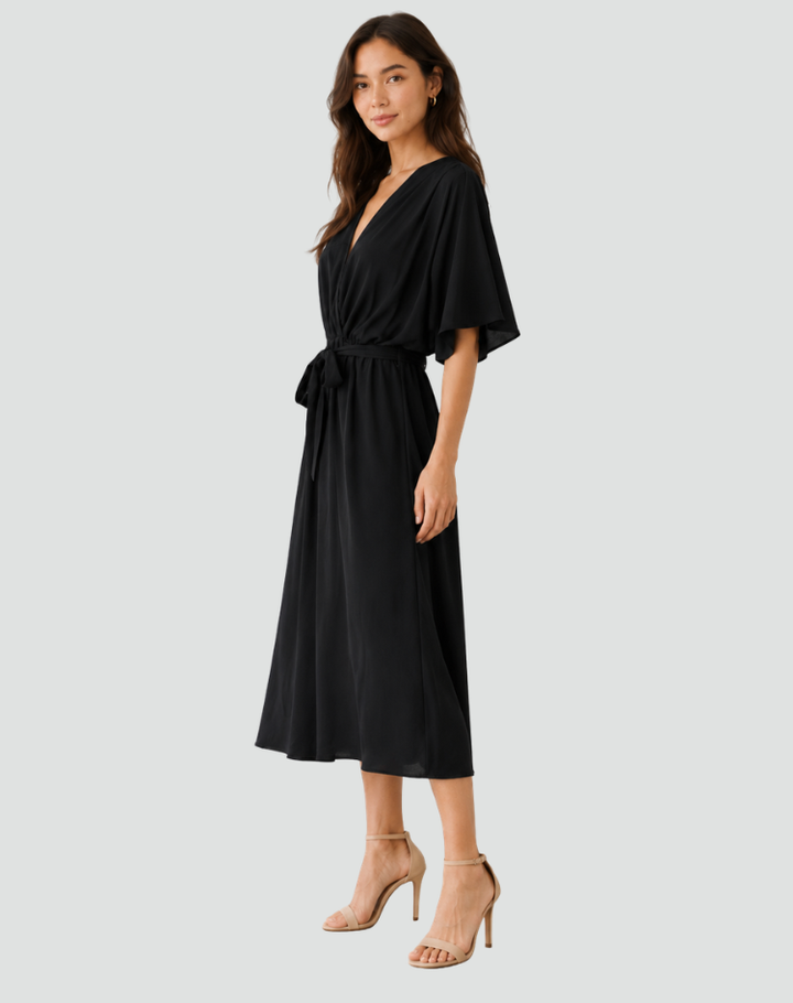Flowy midi gala dress with a wrap neckline and tie