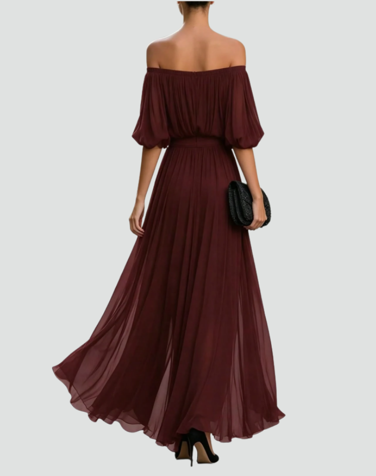Maxi dress for a wedding with off-the-shoulder design and a pleated skirt