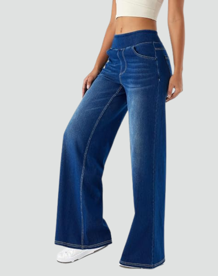Dames spijkerbroek met hoge taille, wijde pijpen, rekbaar