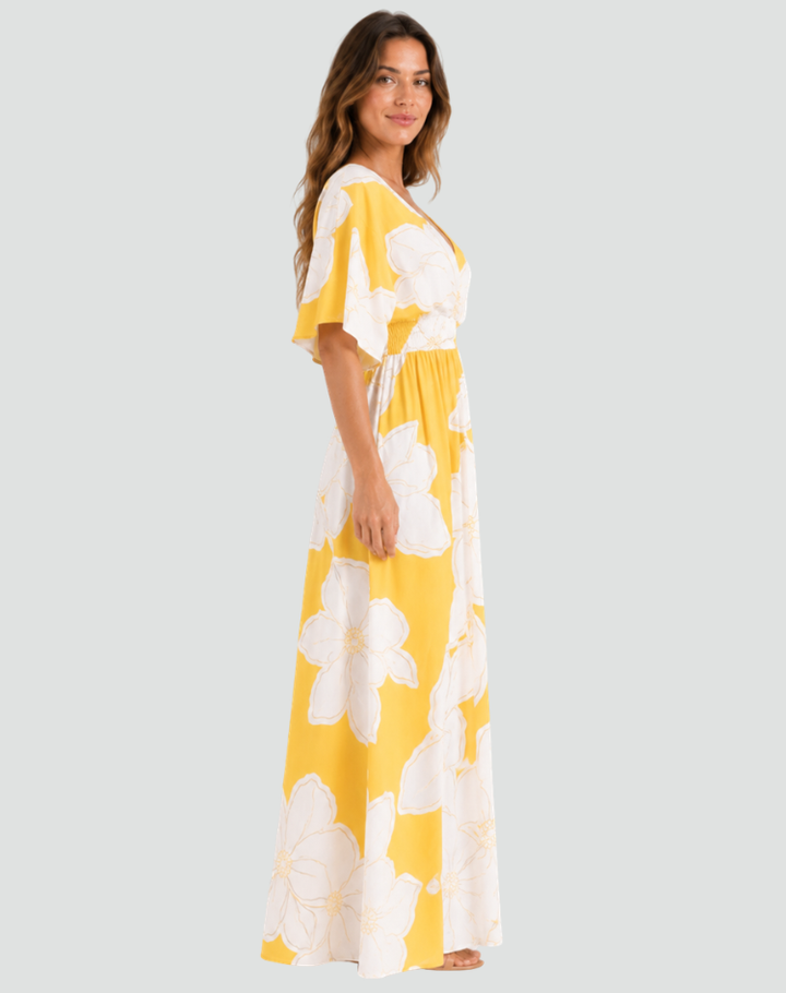 Yellow maxi dress with large flowers, kimono sleeves, and V-neckline