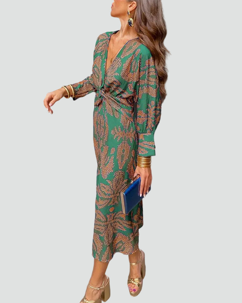 Damska sukienka midi koktajlowa kopertowa z długim rękawem