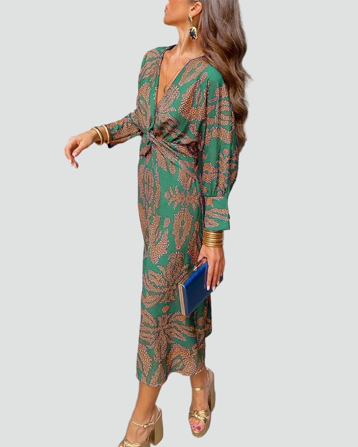 Damska sukienka midi koktajlowa kopertowa z długim rękawem