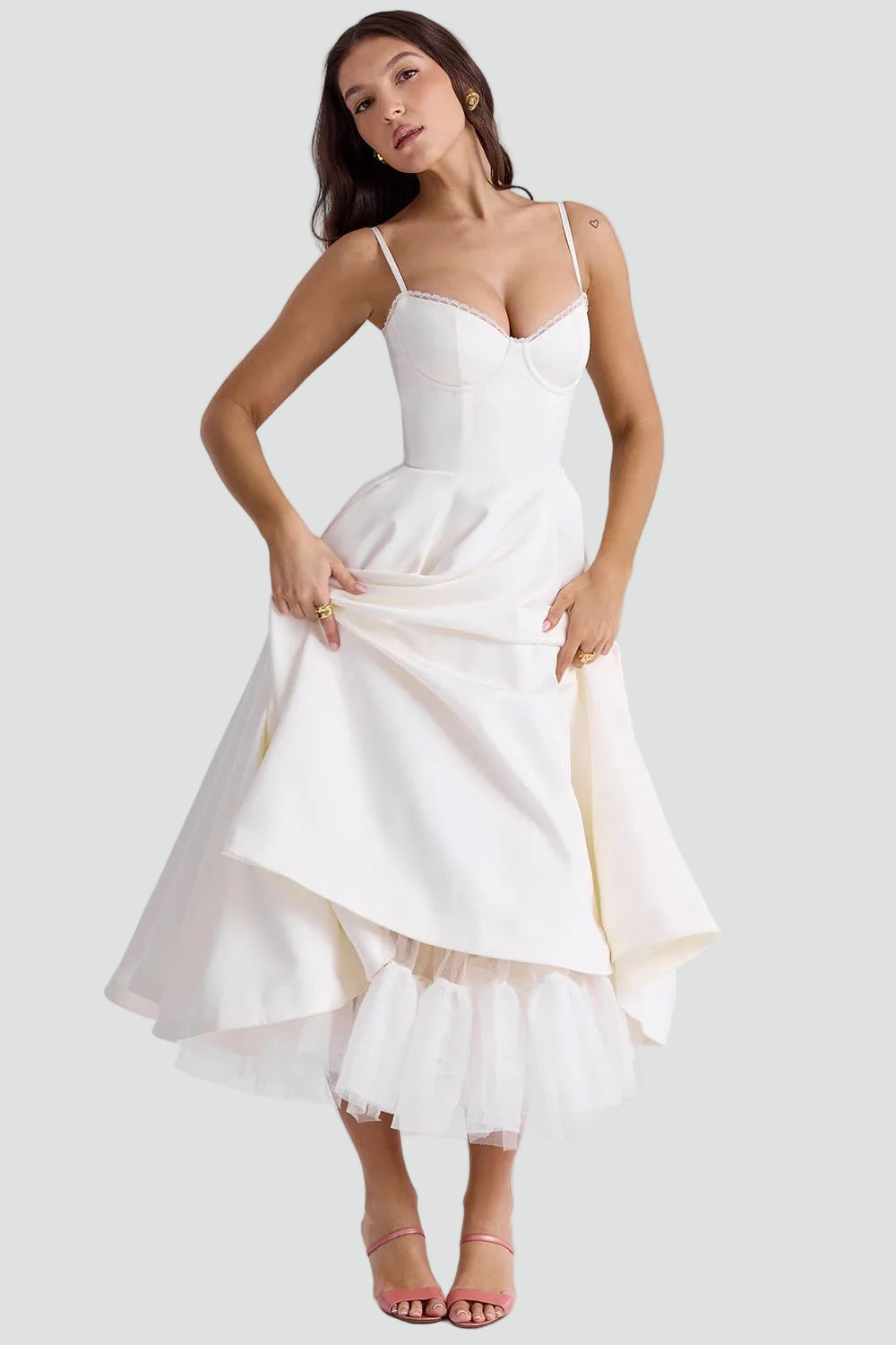 Elegancka sukienka koktajlowa midi damska z gorsetową górą