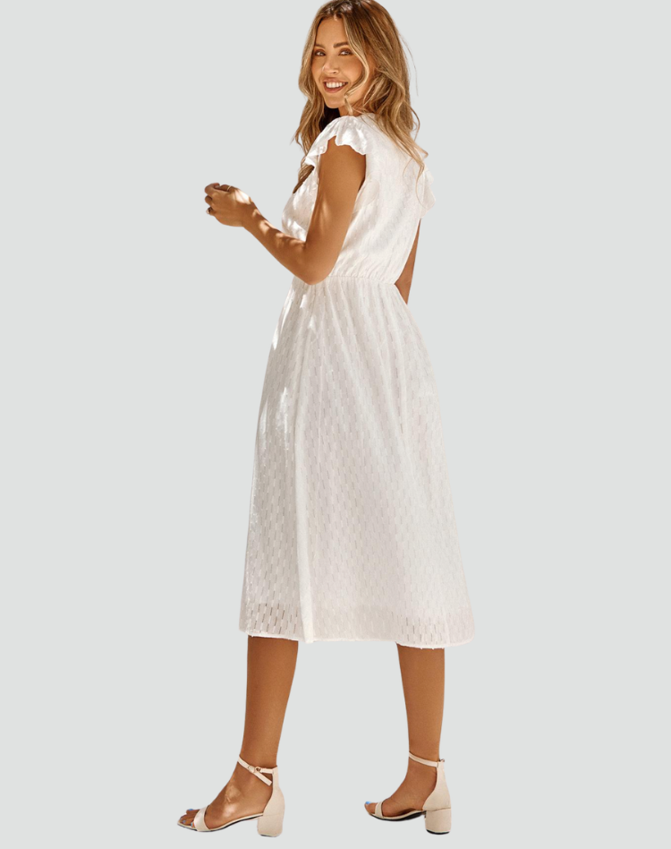 Midi dress with ruffles and pleated hem with belt