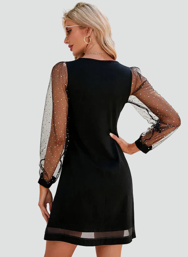 Feestelijke mini-jurk met V-hals en glinsterende mouwen
