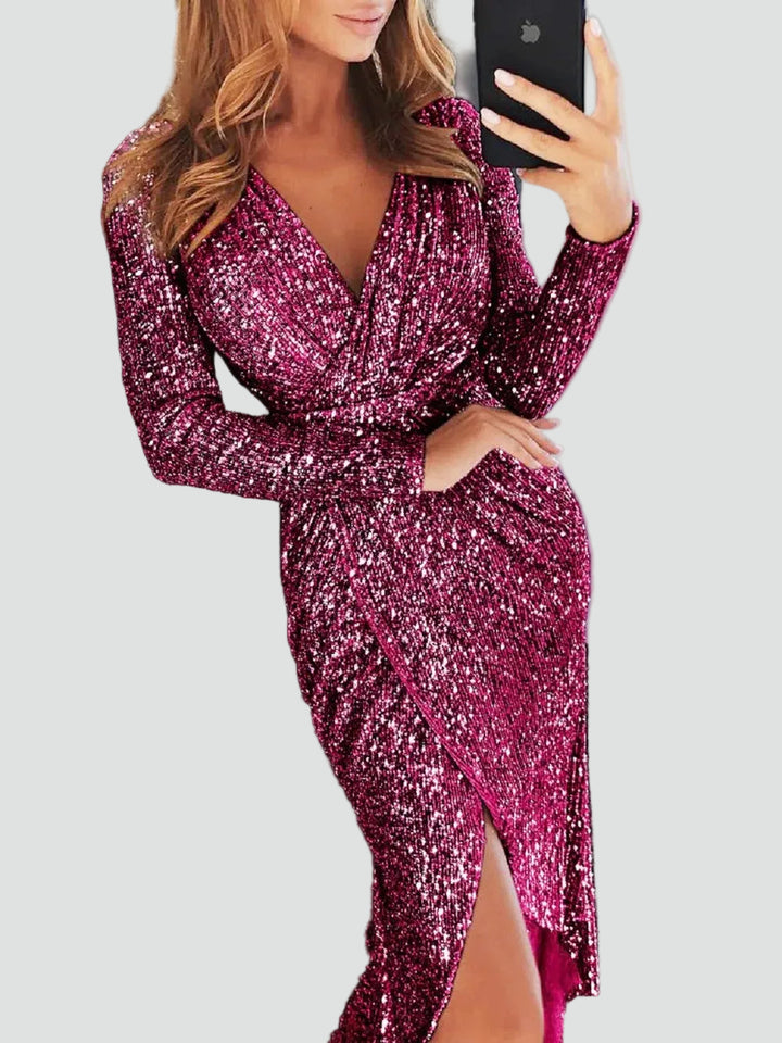 Błyszcząca sukienka koktajlowa midi z dekoltem kopertowym dla kobiet