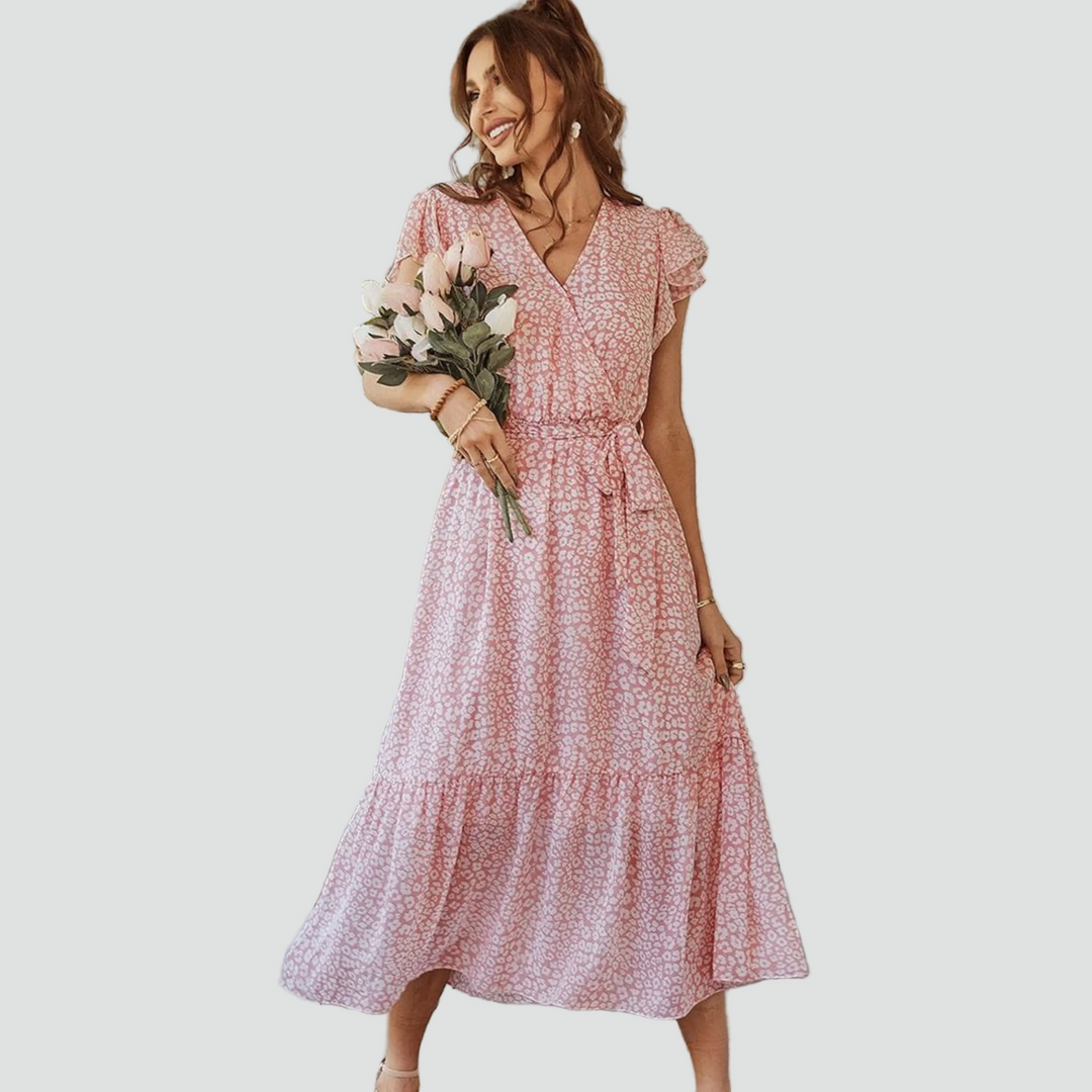 Roze midi wikkeljurk met bloemen voor dames