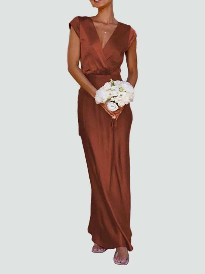 Robe longue satinée pour femme, soirée, cérémonie, décolleté en V, gala