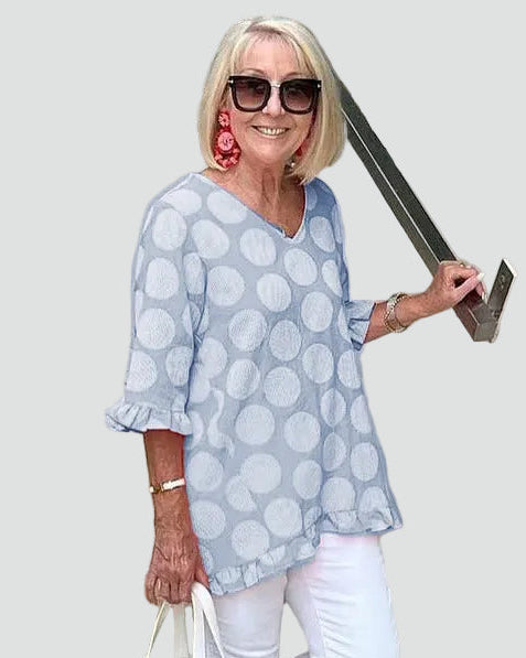 Women's loose polka dot tunic with V-neck for summer