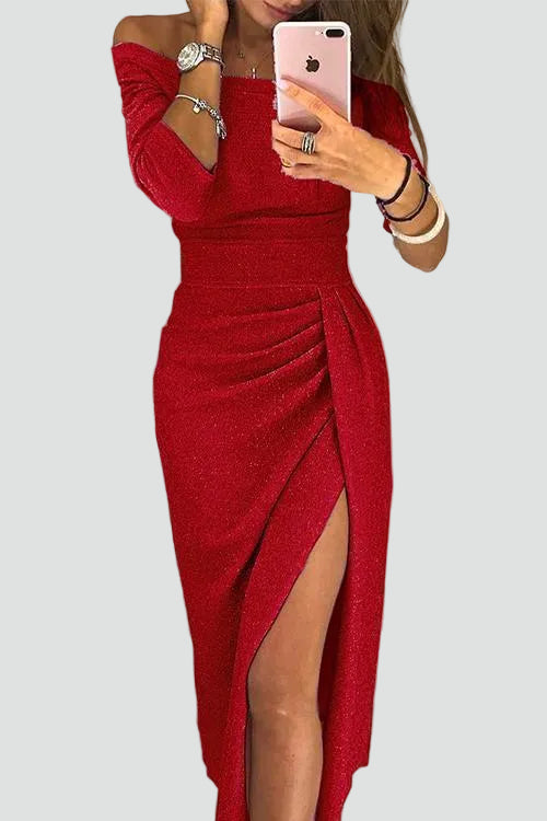 Elegancka dopasowana sukienka koktajlowa midi z rozcięciem