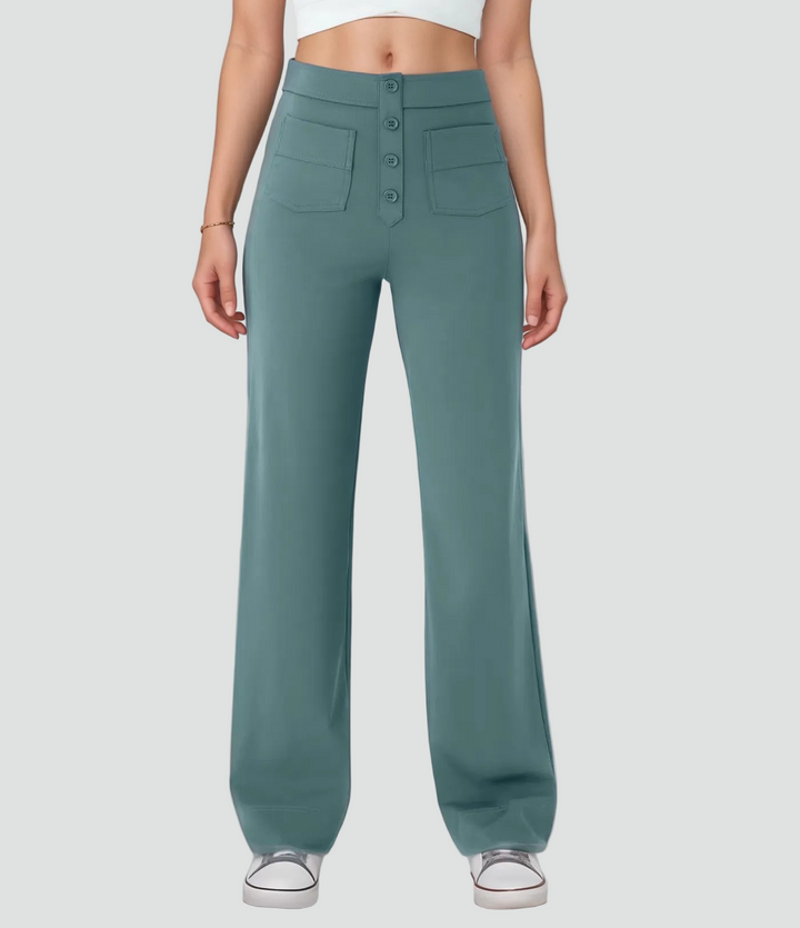 Damskie spodnie z wysokim stanem zapinane na guziki