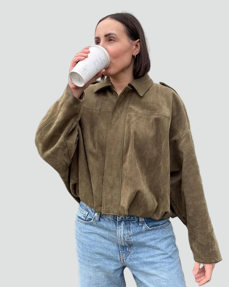 Women's oversized suede bomber jacket transitional short coat