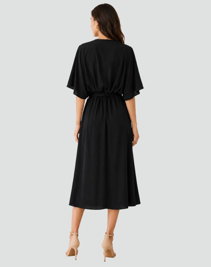 Flowy midi gala dress with a wrap neckline and tie