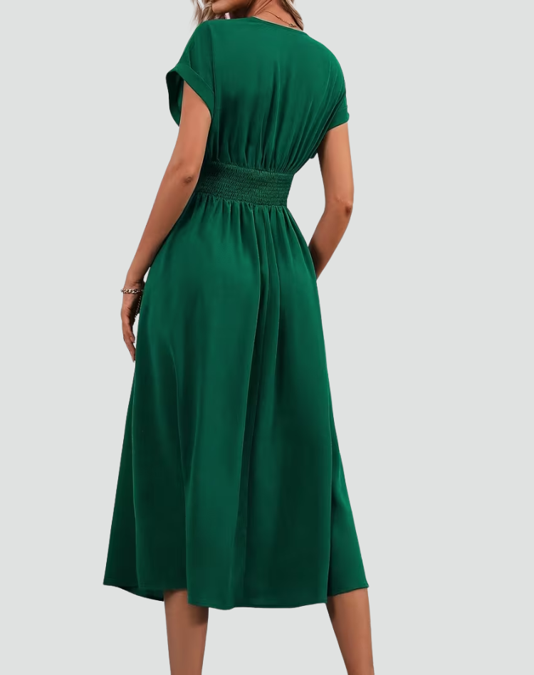 Green Midi Dress with a V-Neckline and Ruched Waist